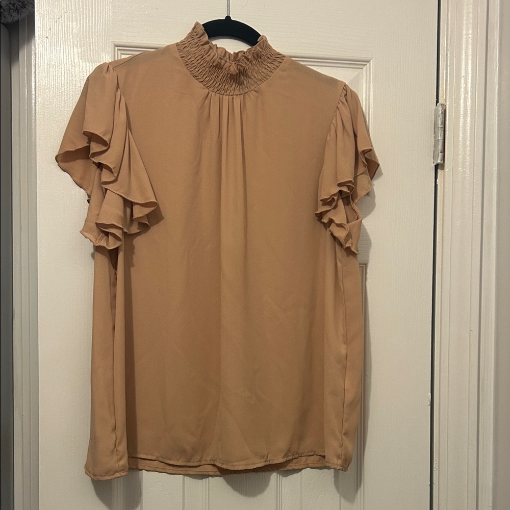SHEIN Tan Ruffle Sleeve Blouse